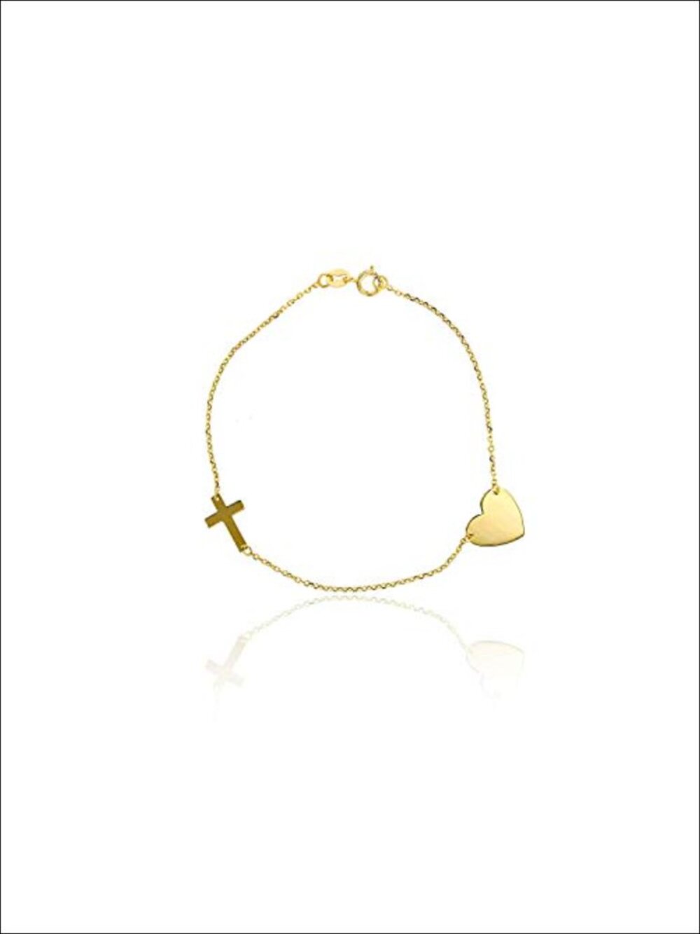 10K Yellow Gold Diamond Cut Heart Charm & Cross Link Bracelet 7 Inch